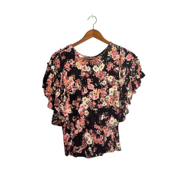 Maurices Black Pink Boho Floral Crinkle Gauze Ruffle Flutter Sleeve Shirt - Picture 2 of 6